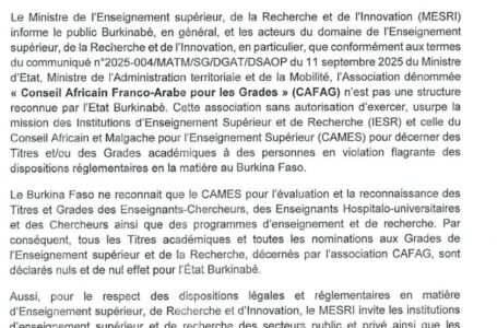 Burkina Faso : le MESRI met en garde contre les activités de l’association CAFAG