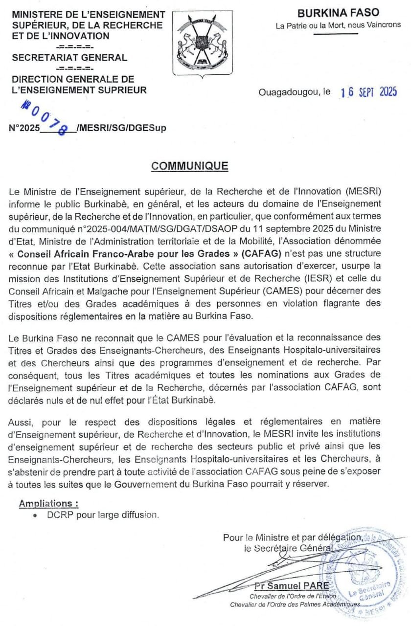 Burkina Faso : le MESRI met en garde contre les activités de l’association CAFAG